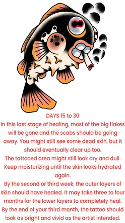 Traditional tattoo design of a smoking fish, DAYS 15 to 30 aftercare card