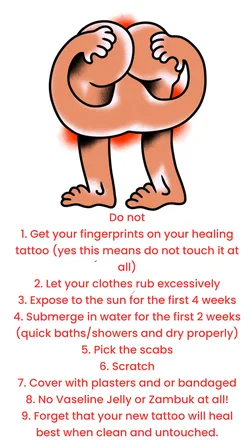 Traditional tattoo design of a crouching figure, Do not aftercare card